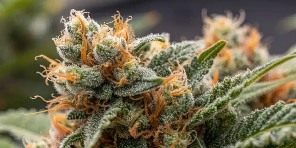 Close-up of frosty Amnesia Auto Weed Strain bud with orange hairs and resin-rich trichomes.
