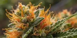 Close-up of Lemon Amnesia Strain bud showing vibrant orange pistils and dense trichomes during late flowering stage