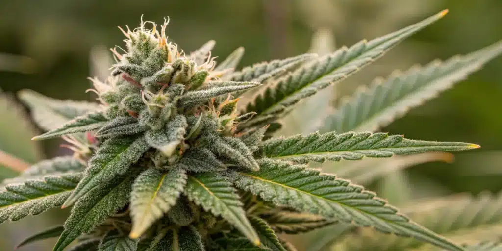 Close-up of Grape Pie CBD Strain cola showing dense structure, amber pistils, and sugary trichomes