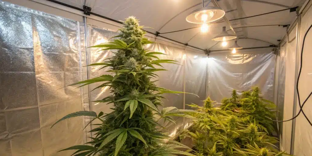 Tall, healthy Stardawg Weed Strain plants flourishing in an indoor grow tent with reflective walls and bright hanging bulbs