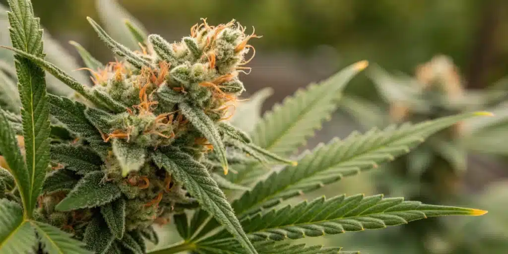 Close-up of Stardawg cannabis bud with orange pistils and crystal trichomes in an outdoor garden.