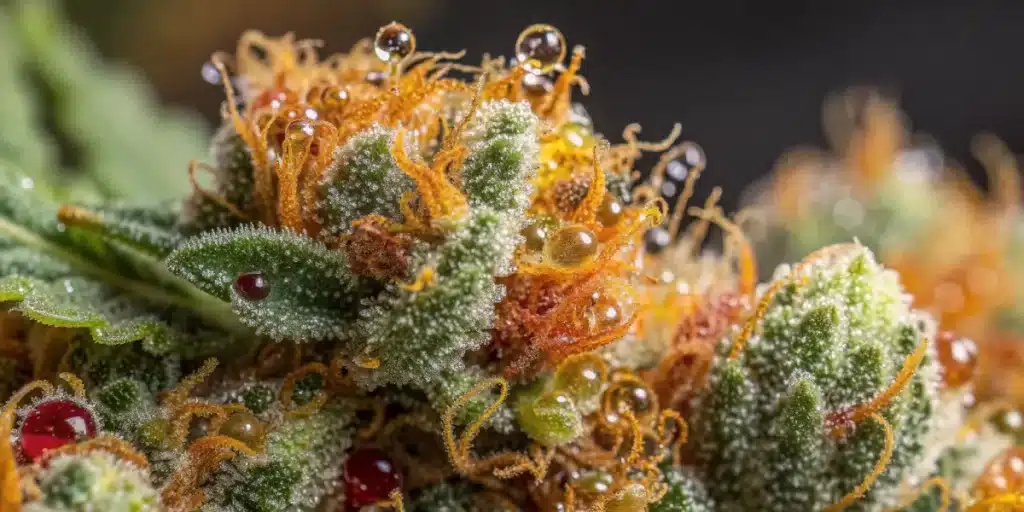 Macro shot of resin-covered buds and orange pistils on Topicana Cookies FV Strain, highlighting trichome density and maturity