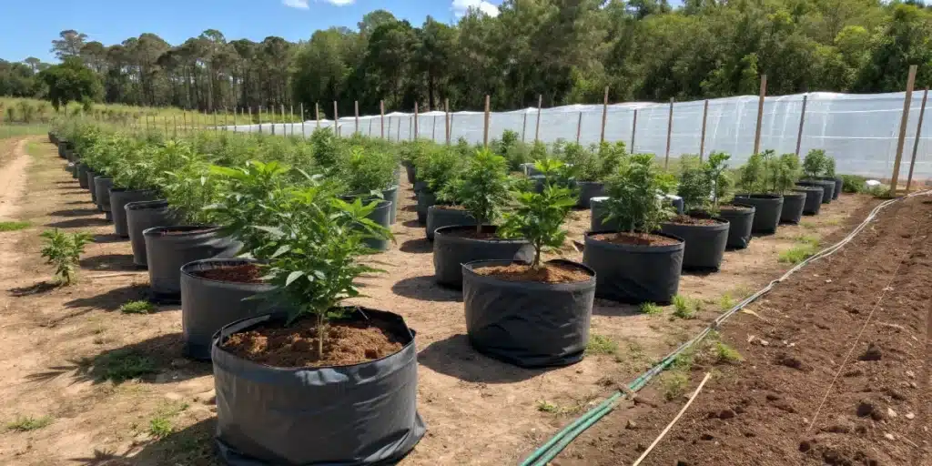 Topicana Cookies FV Strain plants in fabric pots growing outdoors under full sun, lined up in rows on a cultivated field