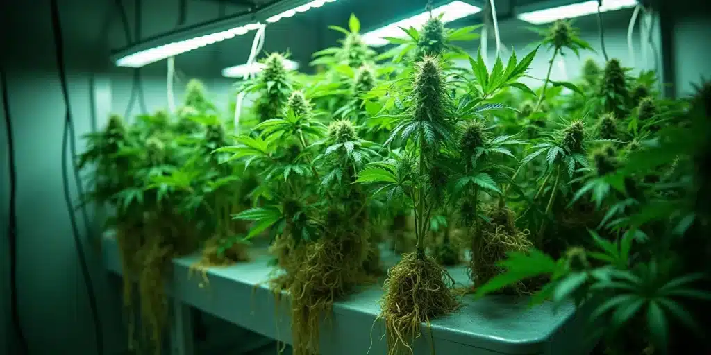 Necrosis cannabis roots in hydroponic systems leading to reduced nutrient absorption.