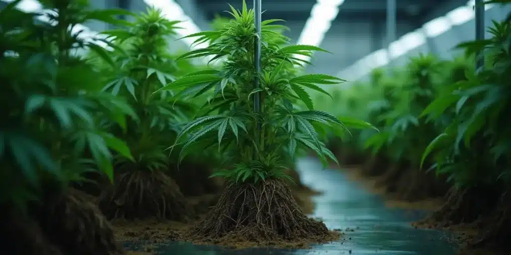 Drive stake through cannabis roots to stabilize plants in controlled indoor environments.