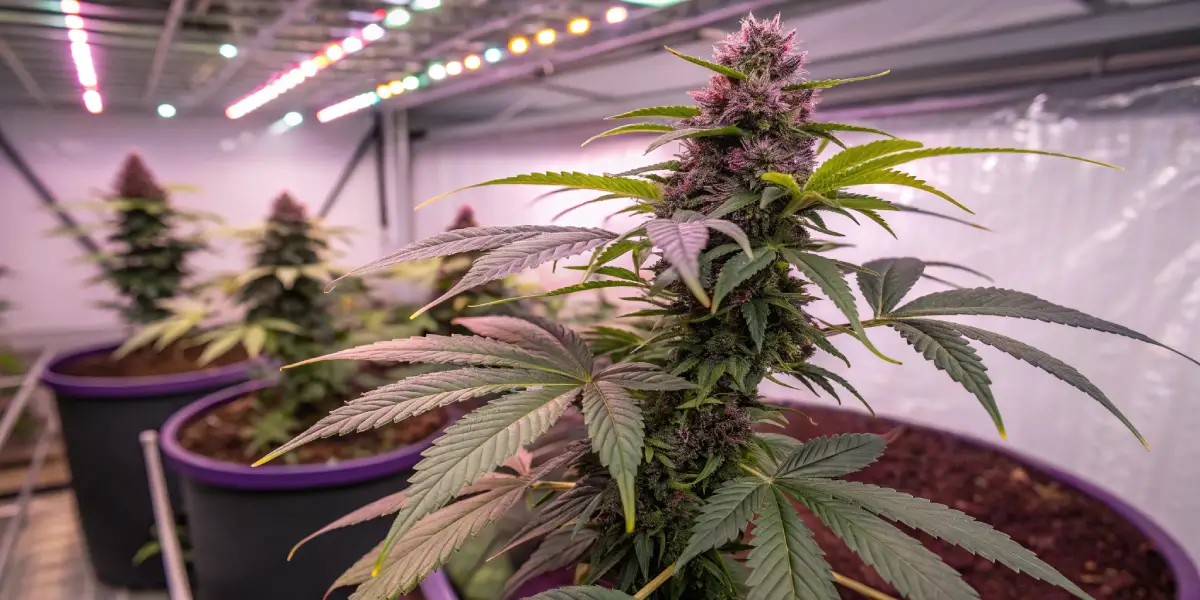 Mature cannabis plant with purple buds and green leaves under indoor grow lights.