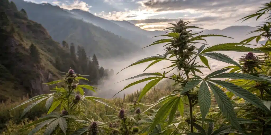 Wild cannabis plants thriving naturally in a misty mountainous landscape under a cloudy sky.