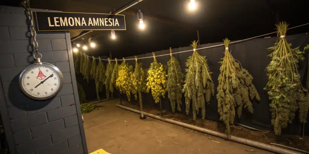 Lemon Amnesia Strain buds hanging upside down in a dark curing room with harvest scale on wall
