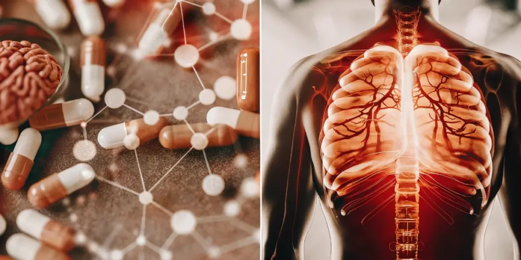 Split image: Various red and white capsules and a brain model connected by glowing lines; A glowing human torso focusing on the lungs and spine in red tones.