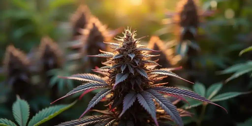 Cannabis root stalks turning purple, mature plant displaying vibrant purple foliage and buds.