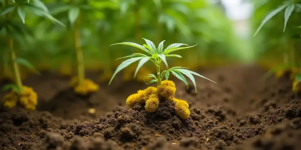 Extensive yellow fungus infestation on cannabis root systems in cultivation beds.