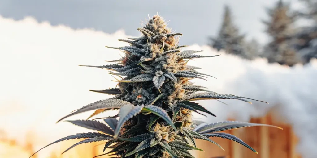 Hyper-realistic illustration of a dense Northern Lights x Skunk cannabis bud with frosted leaves under bright light, with blurred background.