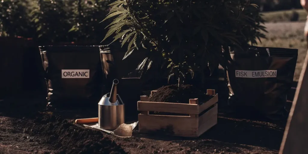 Outdoor cannabis cultivation tools: watering can, small crate with plant, and "organic" bags.
