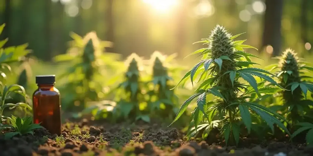 Selection of organic nutrients and supplements beside outdoor cannabis plants in natural sunlight.