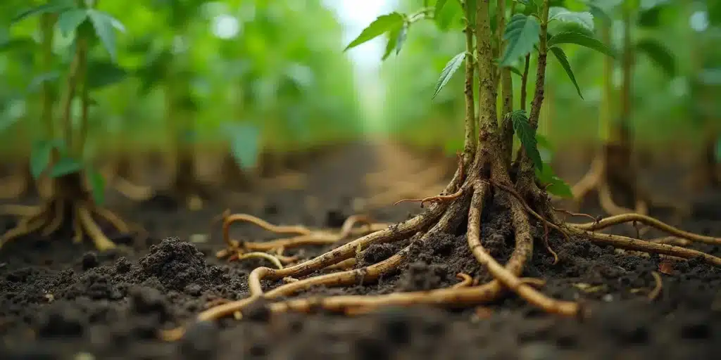 Necrosis cannabis roots showing early signs of decay in outdoor cultivation.