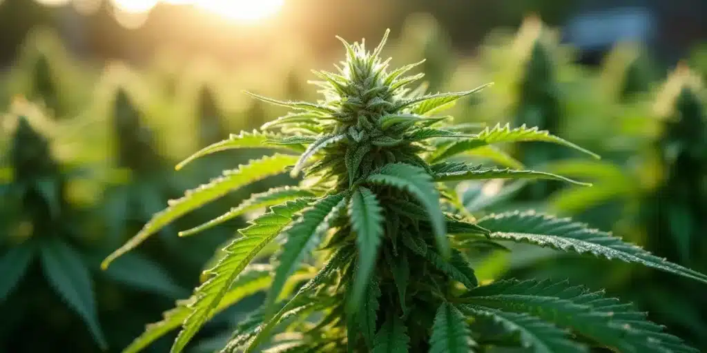 Sunlit polyploid cannabis plant thriving in outdoor agricultural fields.