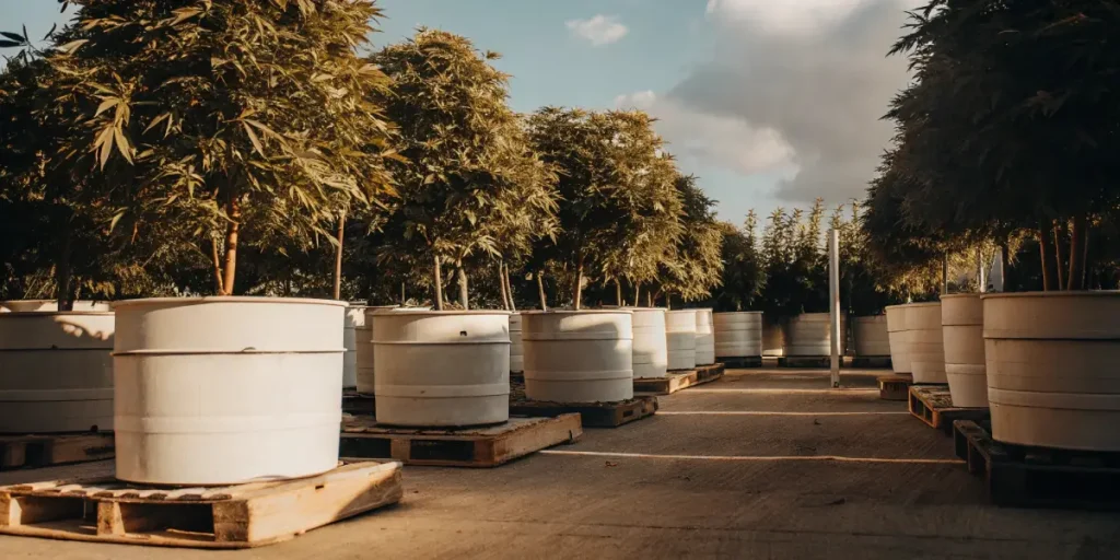 Ultra-realistic image of multiple thriving plants in large white pots on wooden pallets, arranged in rows outdoors under a partly cloudy sky.
