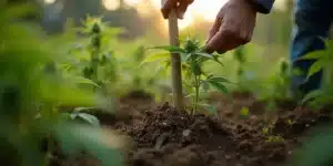 Drive stake through cannabis roots in outdoor gardens to reinforce plant stability against wind and weather.