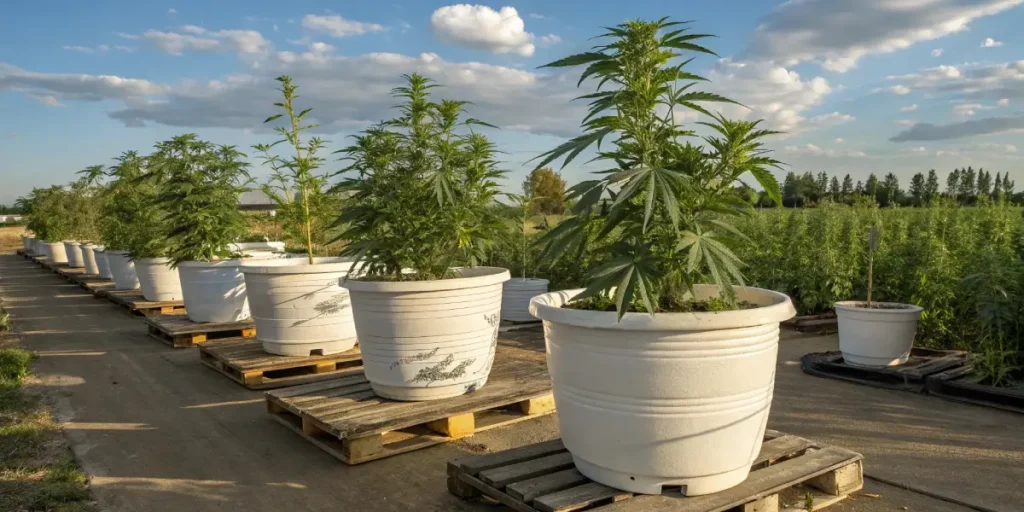 Ultra-realistic image of a row of plants in large white pots on wooden pallets, set against a wooden fence under a clear sky.