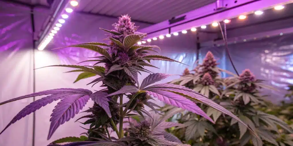 Grower tending Purple Amnesia How to Grow plants in an indoor facility with intense purple lighting and mature colas.