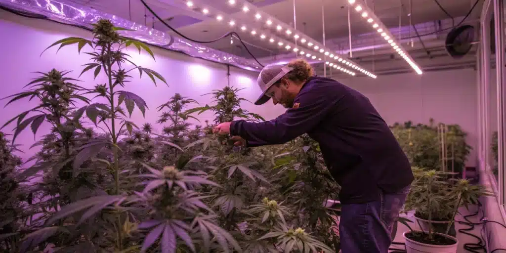 Purple Amnesia Indoor strain growing under LED lights with dense purple buds and lush foliage in a grow tent setup.