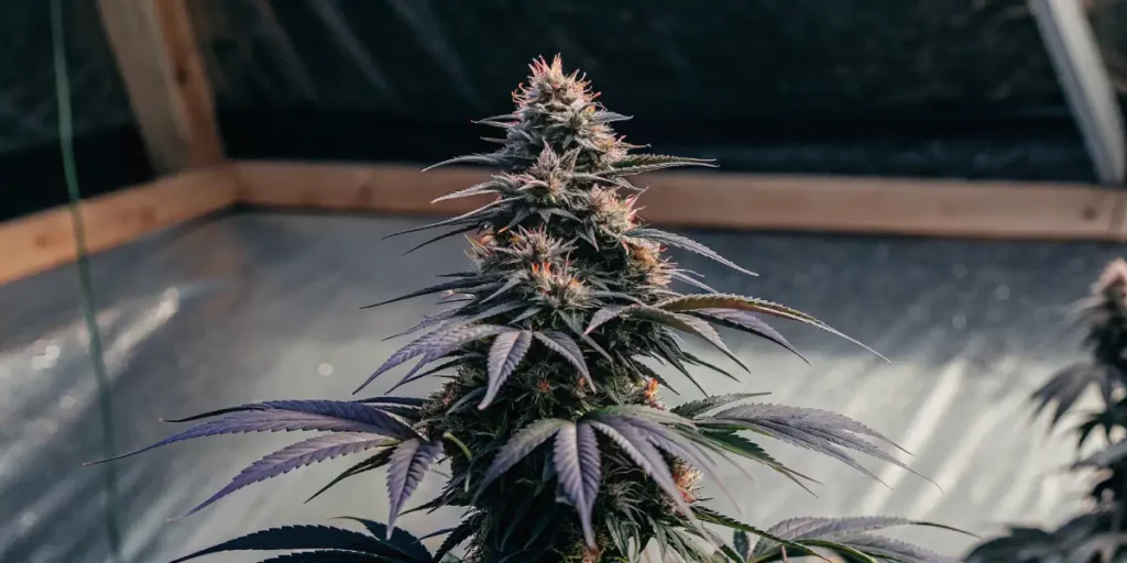 Close-up of a mature cannabis plant with dense purple and green buds under a greenhouse roof.