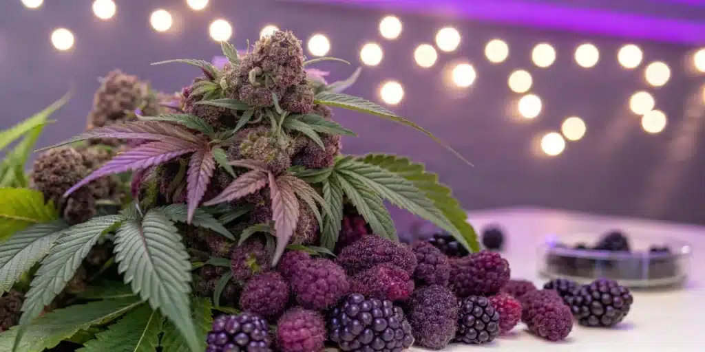 Purple Urkle Weed Strain buds displayed with fresh berries and blackberries under soft lighting.