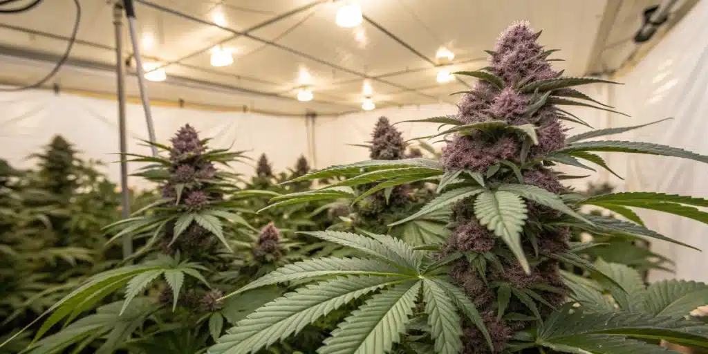Indoor cannabis grow room featuring mature Purple Urkle plants with dense purple buds under LED lighting.