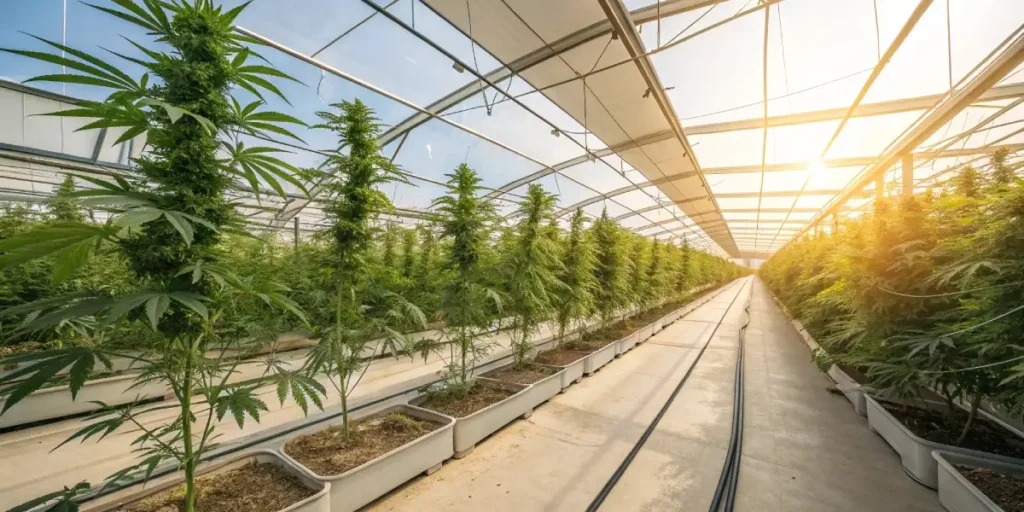 Row of cannabis plants growing in a greenhouse under natural sunlight.