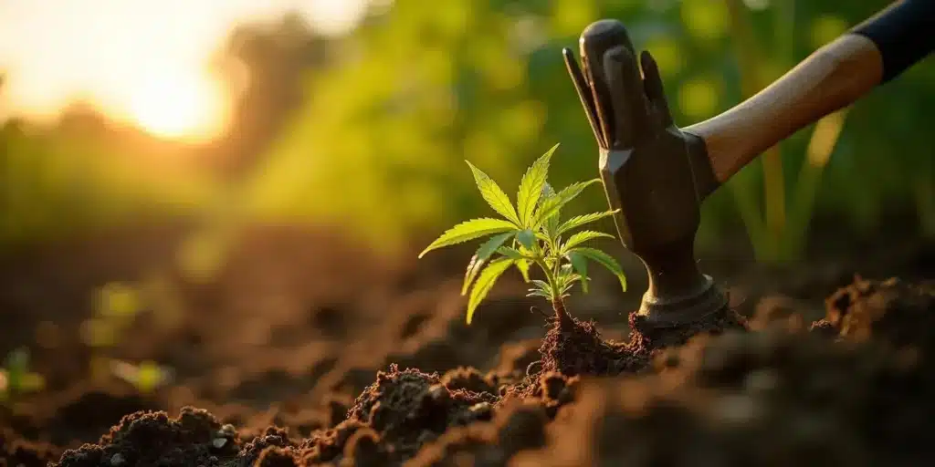 Drive stake through cannabis roots to support young plants during early growth stages.