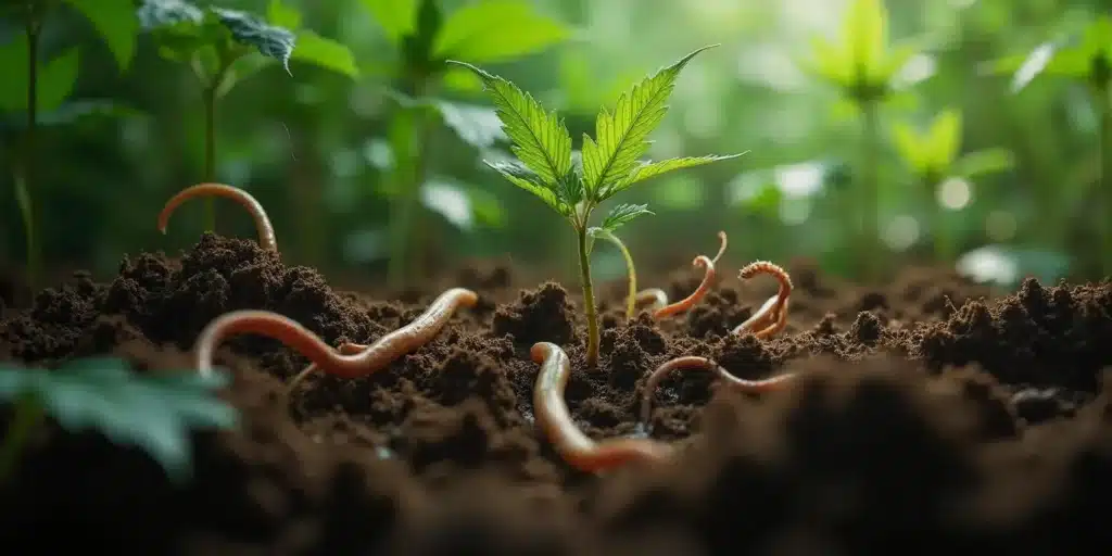 Natural soil defenses like earthworms help combat root nematodes in cannabis gardens.