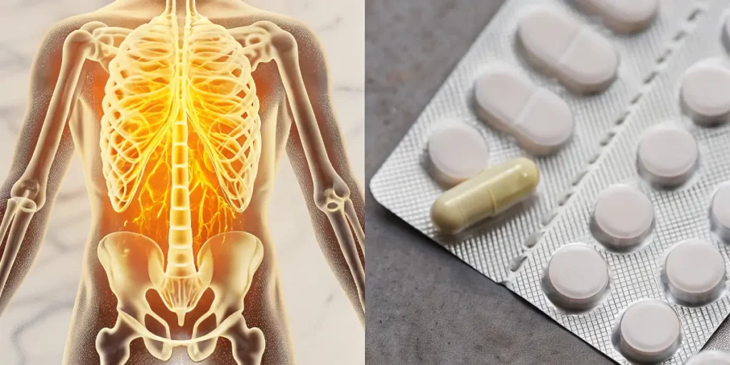 Split image: A glowing human spinal cord and ribcage; A blister pack of white pills and a single capsule on a gray surface, representing medication.