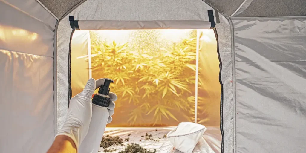 Gloved hand spraying a liquid into a grow tent filled with bright, glowing cannabis plants.
