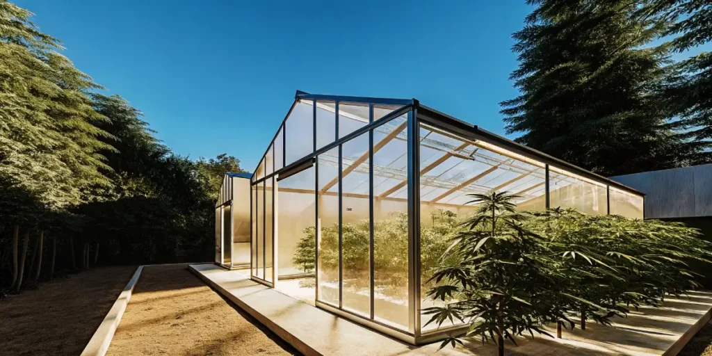 Hyper-realistic scene of a modern glass greenhouse filled with cannabis plants, under a clear blue sky.