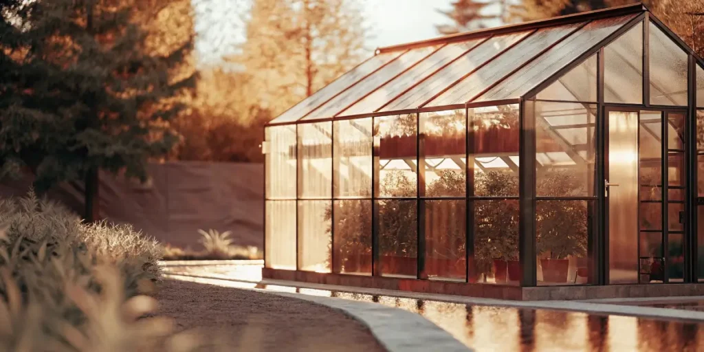 Hyper-realistic scene of a glass greenhouse at sunset, with golden light reflecting in a water feature.