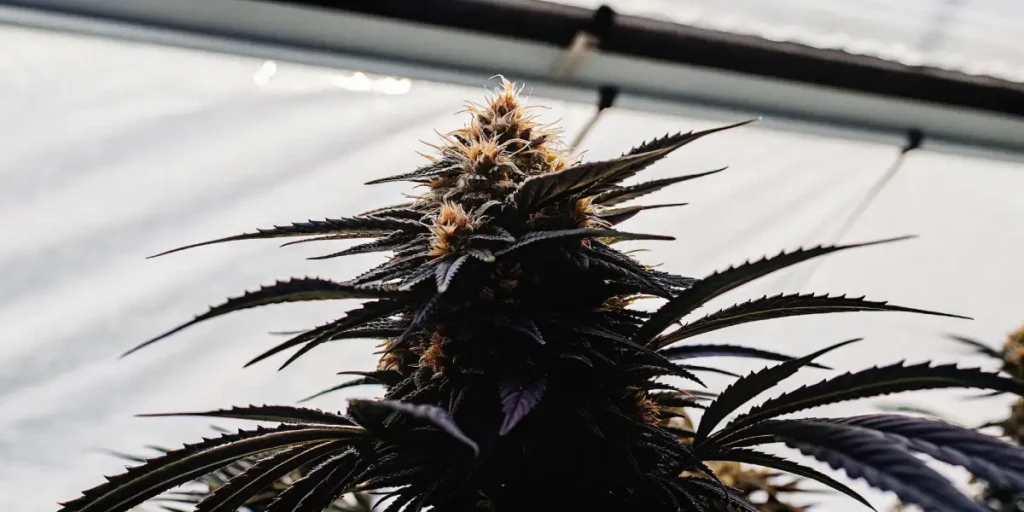 Hyper-realistic close-up of a Sunset Sherbet cannabis bud with prominent orange pistils and dark leaves, against a bright background.