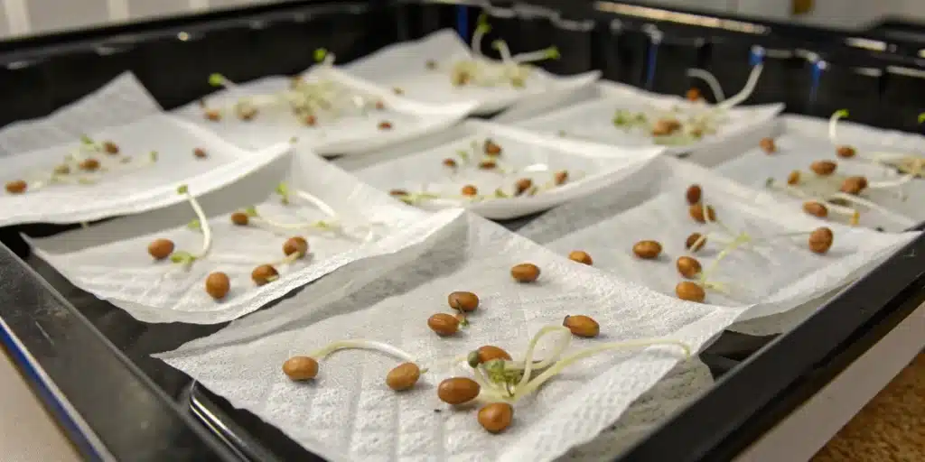 Numerous Sunset Sherbet weed seeds germinating on damp paper towels arranged in a black tray.