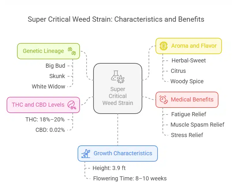 Infographic showing Super Critical Weed Strain traits including genetics, THC level, flavor, medical benefits, and growth data