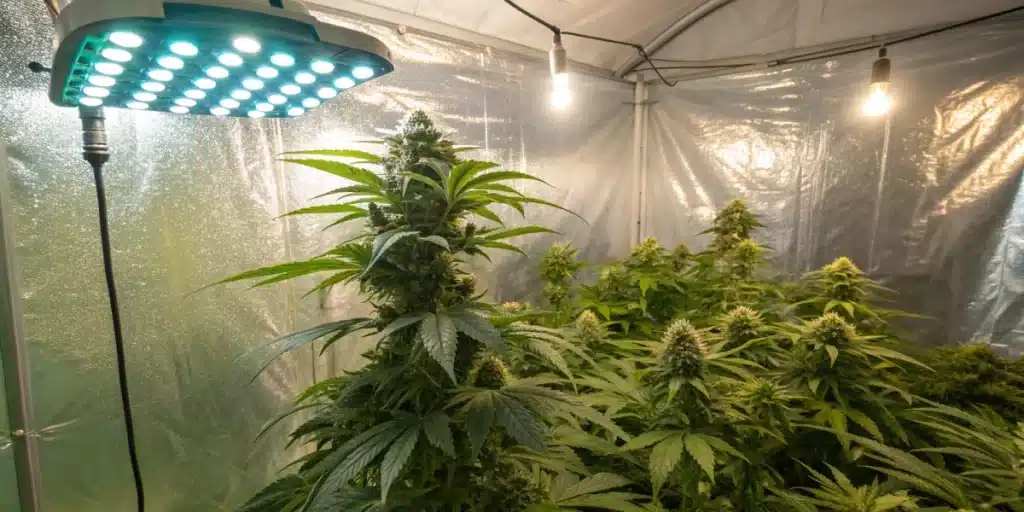 Super Critical Weed Strain plants growing under LED and bulb lights in a reflective indoor grow tent