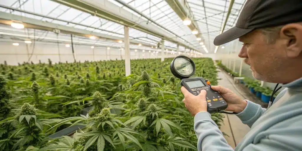 Technician inspecting Super Critical Weed Strain crop in large greenhouse with magnifier and meter for pest and disease control