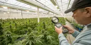 Technician inspecting Super Critical Weed Strain crop in large greenhouse with magnifier and meter for pest and disease control