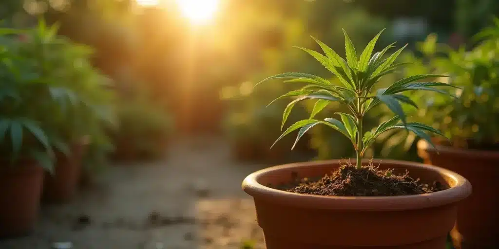 Cannabis plant showing early cannabis red roots symptoms in small terracotta pot under sunset light.