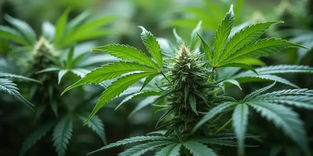 Cold water effect on cannabis plant leaves and buds.