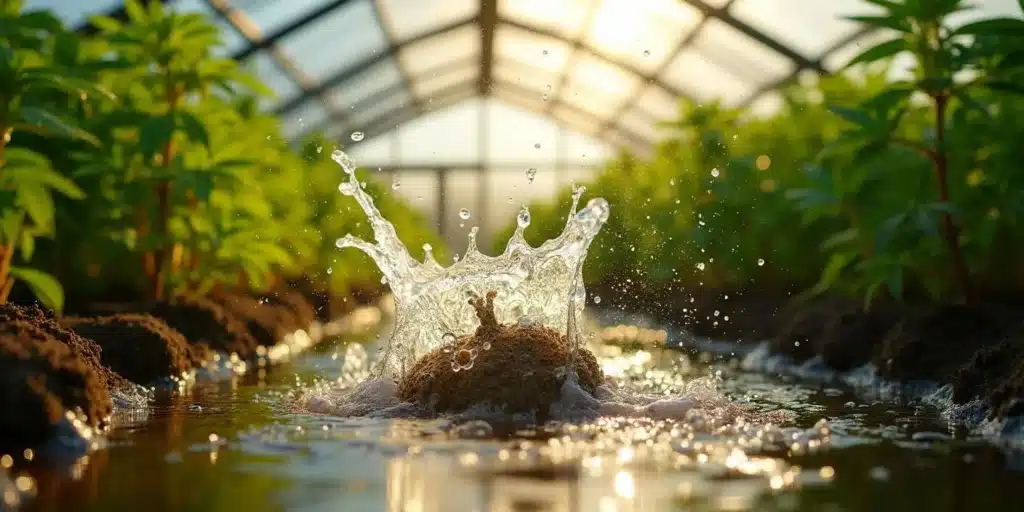 Cold water splash effect on cannabis roots in greenhouse irrigation.