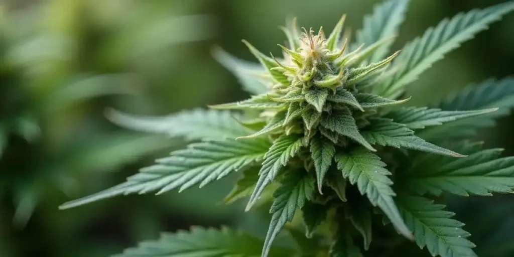 Close-up of early flowering cannabis bud with fresh green leaves in an outdoor garden.