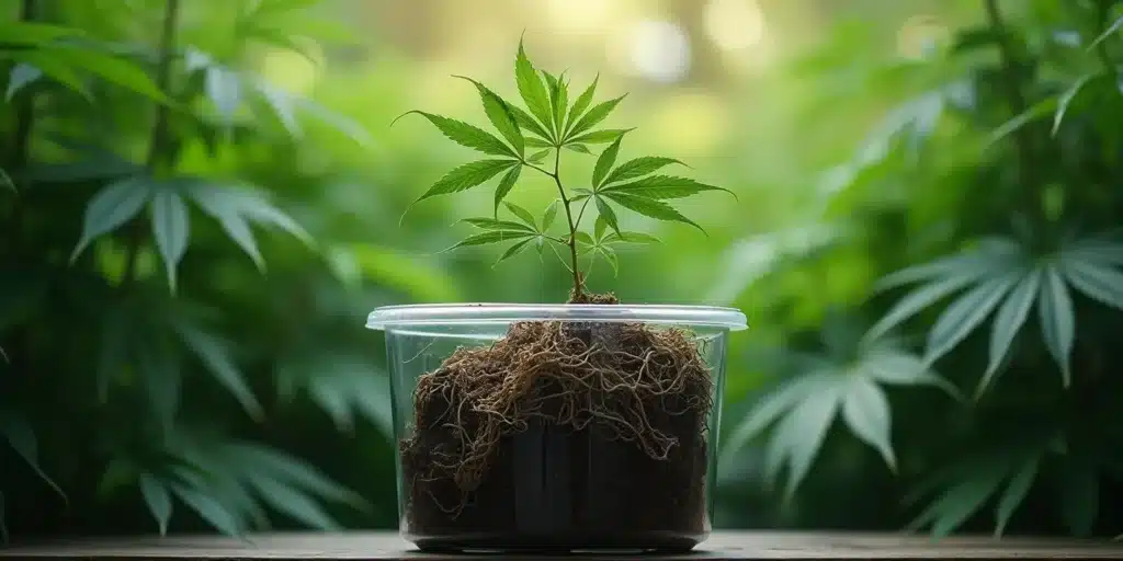 Cannabis red roots partially visible through transparent container with young green plant.