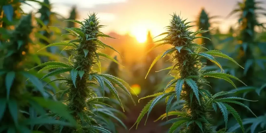 Two tall cannabis plants with dense buds in an outdoor field at sunset.