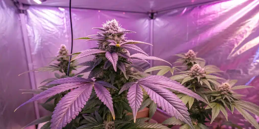 Mature Ultra Violet OG Weed Strain in full bloom with dense trichomes and purple foliage under pink LED lighting indoors.