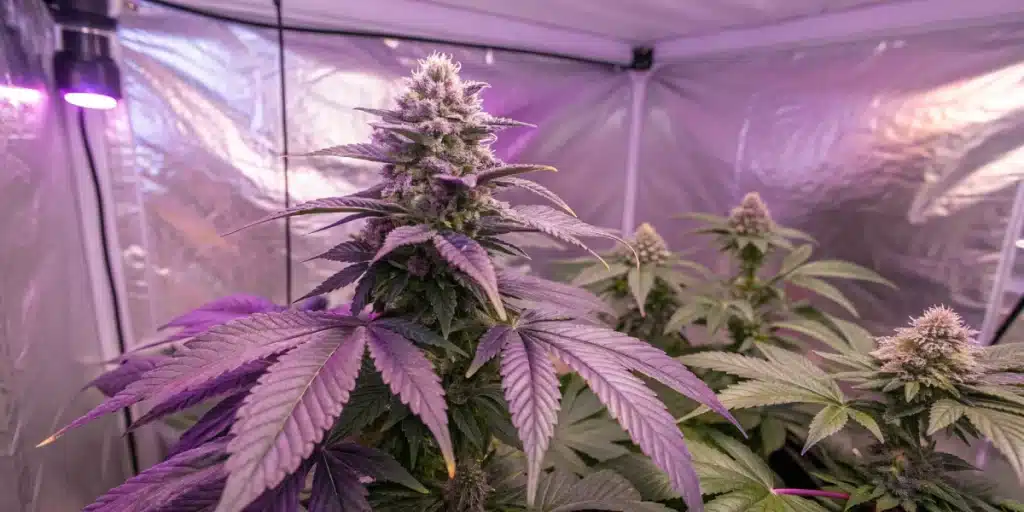 Ultra Violet OG Weed Strain plant with purple leaves and frosty buds thriving under LED lights in a reflective grow tent.