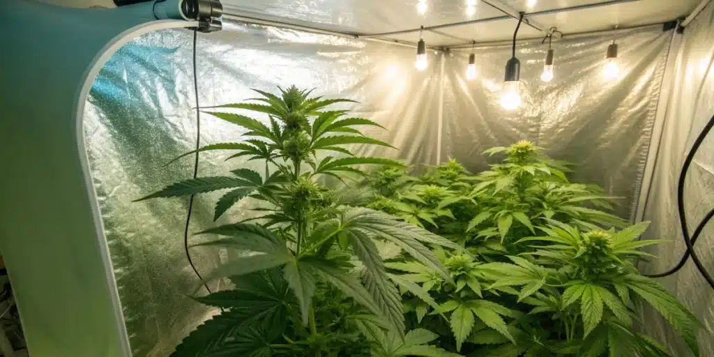 Velvet Lushers Weed Strain flowering indoors under soft warm lighting inside a reflective grow tent.